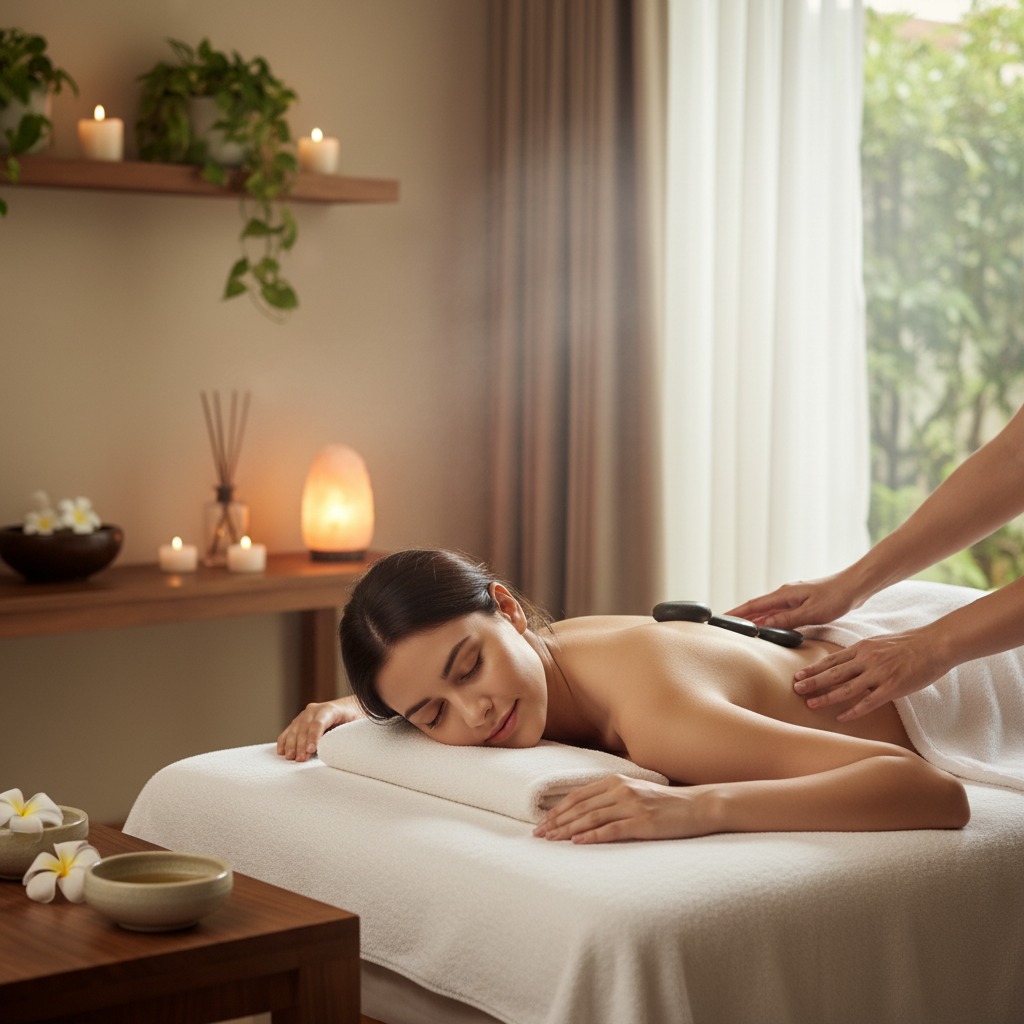 Una mujer recibe un masaje con piedras calientes en un spa relajante.